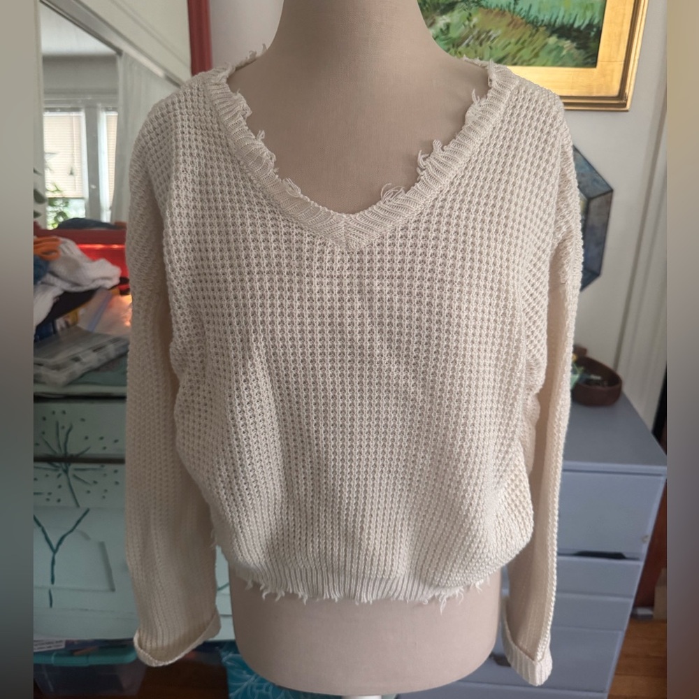 Moon & Madison Cream Waffle Knit Sweater M Distressed Neckline Stretch VGUC